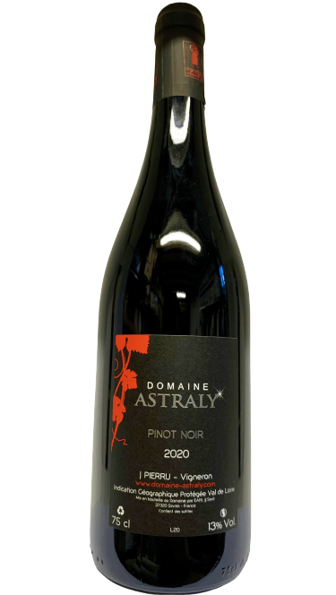 Description d'une photo d'une bouteille de vin rouge Pinot noir 2020.