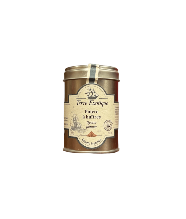 Poivre à huîtres dans un pot contenant 60 grammes. A la manière des marins de Saint-Cast-le-Guildo dégustez vos huîtres saupoudrées de ce délicat assemblage de poivres.