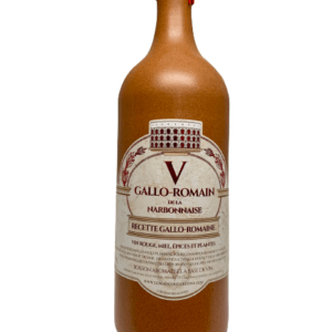Description d'une photo d'une bouteille "V Gallo-Romain rouge" en grès de 75cl.