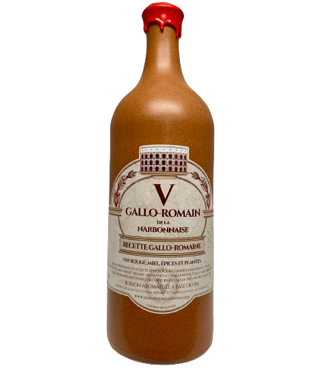 Description d'une photo d'une bouteille "V Gallo-Romain rouge" en grès de 75cl.