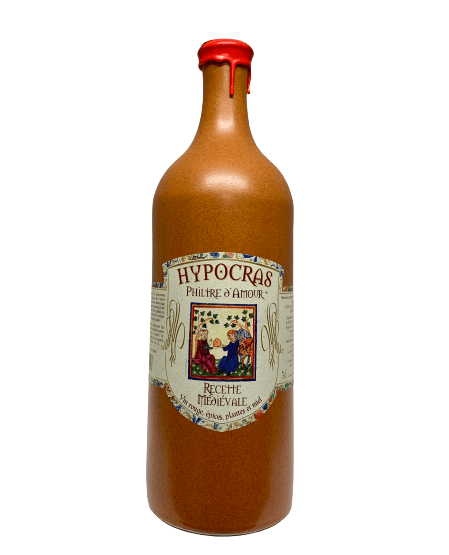 Description d'une photo d'une bouteille de "Hydromel rouge" en grès de 75cl.