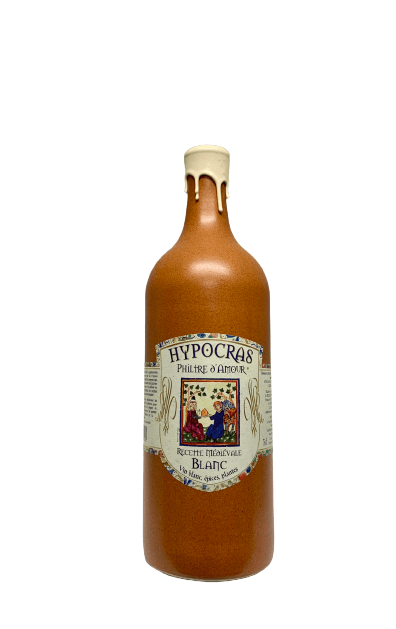 Description d'une photo d'une bouteille de "Hypocras blanc" en grès de 75cl.