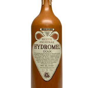 Description d'une photo d'une bouteille de "Hydromel doux" en grès de 75cl.