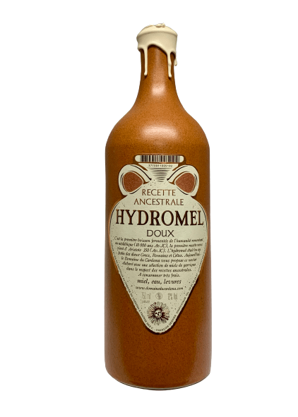 Description d'une photo d'une bouteille de "Hydromel doux" en grès de 75cl.