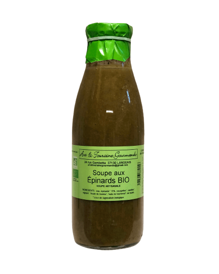 Description d'une photo d'une bouteille de "Soupe aux Epinards Bio" en verre de 75cl.