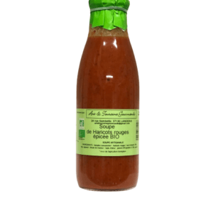 Description d'une photo d'une bouteille de "Soupe de Haricots rouges épicée Bio" en verre de 75cl.