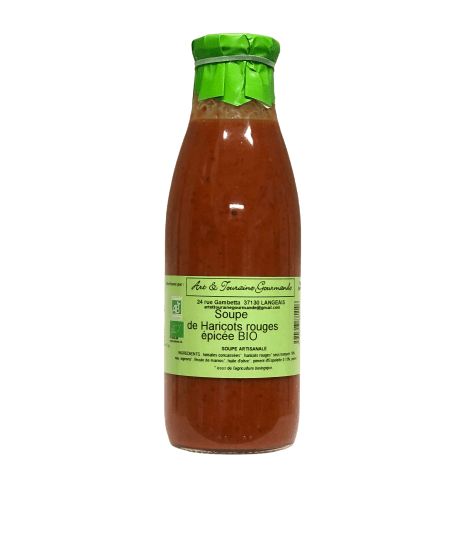 Description d'une photo d'une bouteille de "Soupe de Haricots rouges épicée Bio" en verre de 75cl.