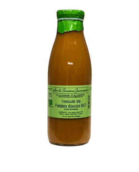 Description d'une photo d'une bouteille de "Velouté de Patates douces Bio" en verre de 75cl.