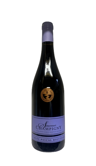 Description d'une photo d'une bouteille de vin rouge en verre de 75cl "Saumur Champigny".