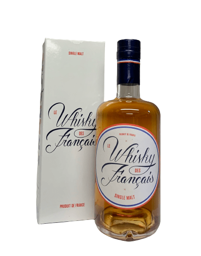 Description d'une photo d'une bouteille en verre de 50cl "Le whisky des Français".