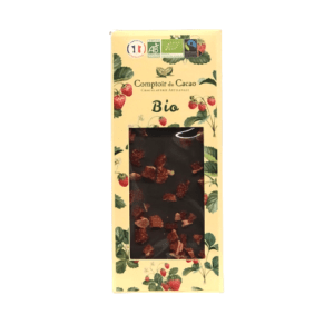 Tablette de chocolat Noir Fraise Bio de 90 grammes.