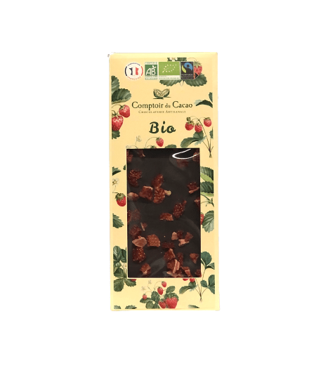 Tablette de chocolat Noir Fraise Bio de 90 grammes.