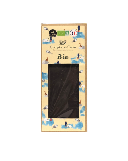 Description d'une photo d'une "Tablette chocolat Noir Fleur de Sel Bio" de 90g.