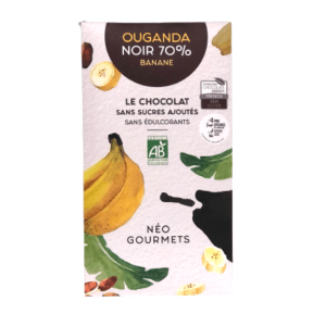 Description d'une photo d'une "Tablette Ouganda Noir 70% Banane Bio" de 70g.