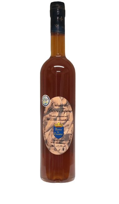 Description d'une photo d'une bouteille de "Crème de Poires Tapées 50cl".