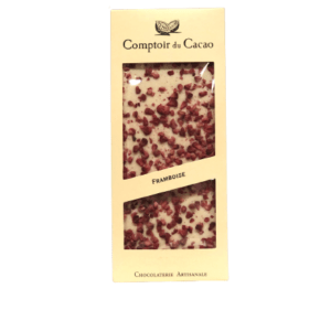 Description d'une photo d'une tablette de 90g chocolat blanc framboise.