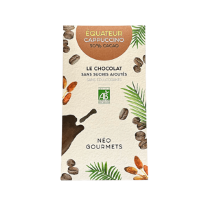 Tablette Equateur Cappuccino dans un sachet contenant 70 grammes. Le 1er chocolat sucré naturellement par les fruits avec 50% de Cacao minimum. Ce chocolat révèle des notes fruitées caractéristiques des plantations équatoriales.