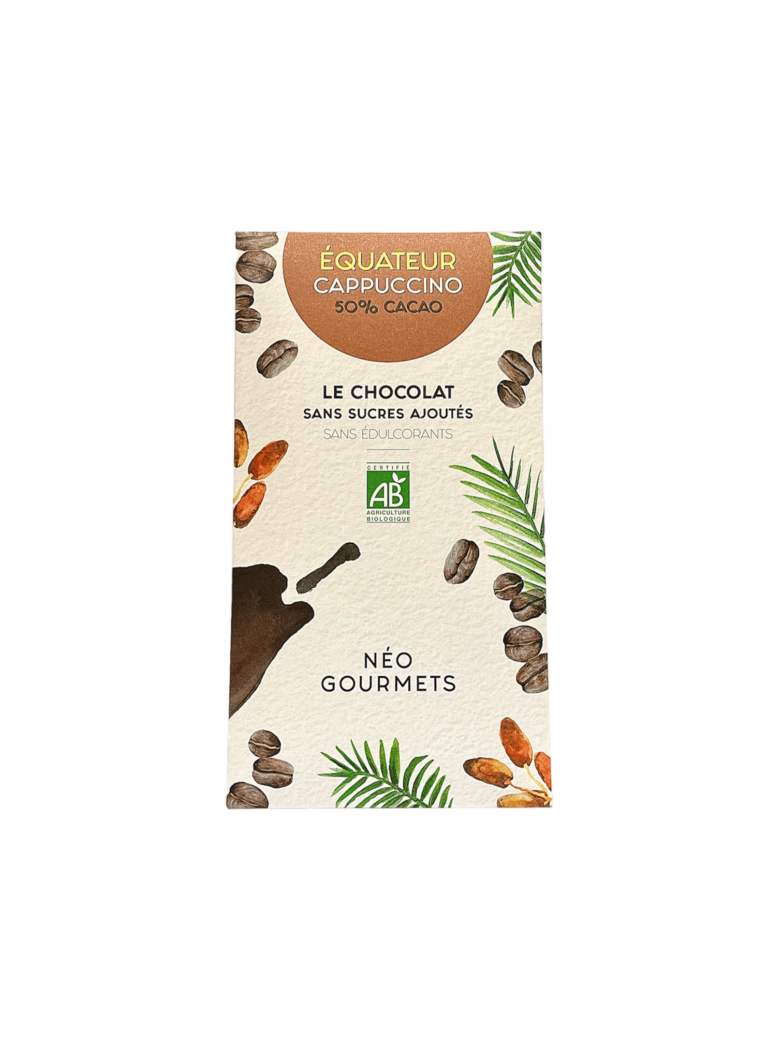 Tablette Equateur Cappuccino dans un sachet contenant 70 grammes. Le 1er chocolat sucré naturellement par les fruits avec 50% de Cacao minimum. Ce chocolat révèle des notes fruitées caractéristiques des plantations équatoriales.