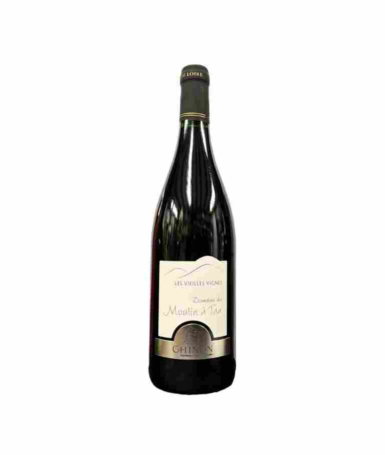 Bouteille de vin en verre contenant 75cl de vin rouge Chinon Les Vieilles Vignes 2020.